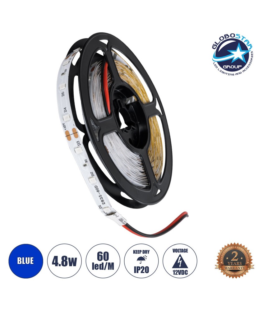 GLOBOSTAR® AVILA 90595 Ταινία LED 4.8W-m 200lm-m 120° DC 12V IP20 60 x SMD3528 Chip-m Μπλε Dimmable - Sanan SMD Chip - Μ500 x Π0.7 x Υ0.2cm - Ρολό 5 Μέτρων - 2 Χρόνια Εγγύηση